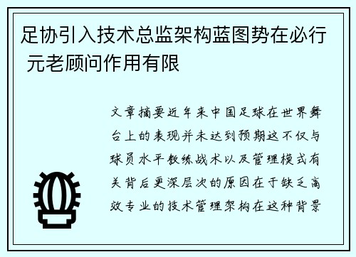 足协引入技术总监架构蓝图势在必行 元老顾问作用有限