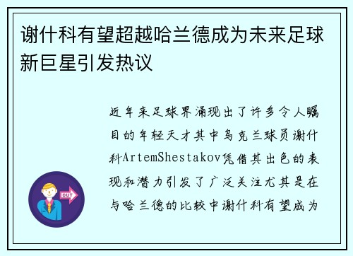 谢什科有望超越哈兰德成为未来足球新巨星引发热议